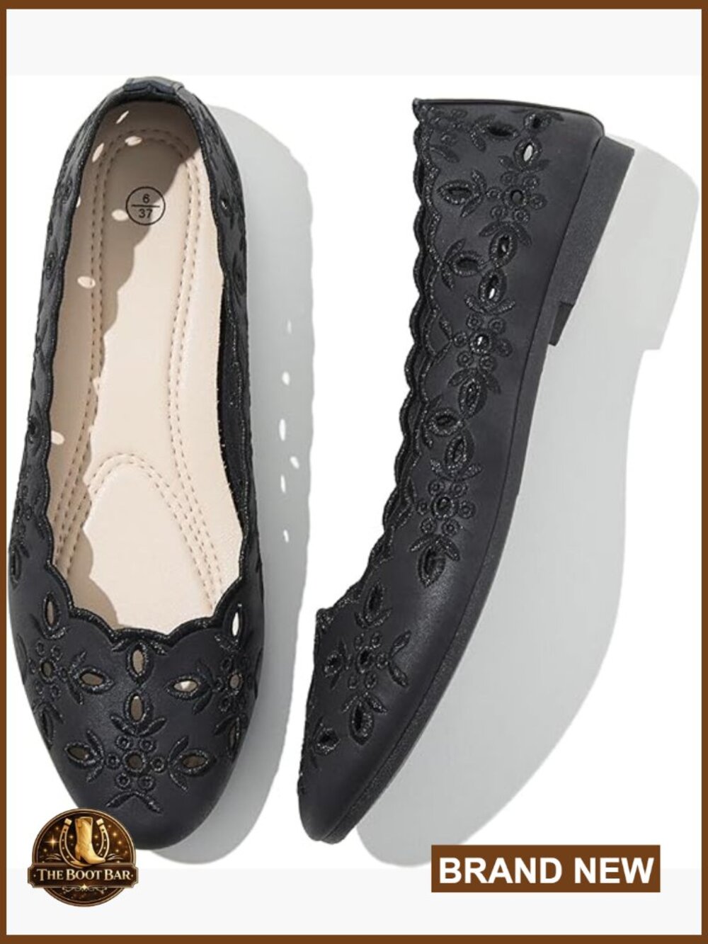 Womens Comfortable Ballet Flats Slip On Shoes PU Leather Floral Eyelets Foldable